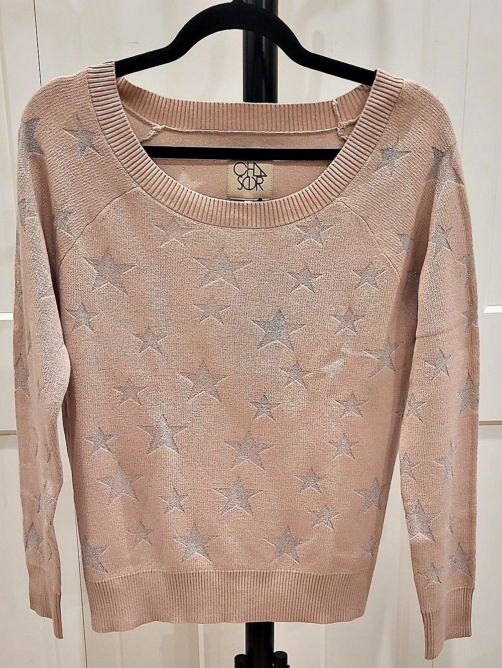Chaser Metallic Star Pullover Sweater Pink & Silver